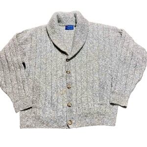 Vintage Pendleton Wool Cardigan Mens Cable Knit Shawl Collar‎ Gray Beige Medium